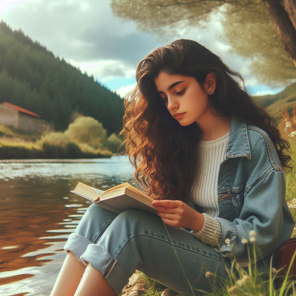 Jonge vrouw zit aan de waterkant met een boek.